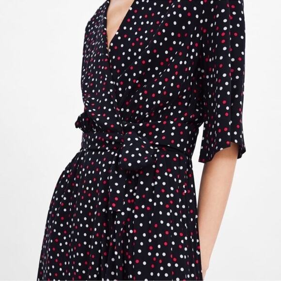 Zara Polka Dot Wrap Midi Maxi Long Dress Size XSmall Blue Red - Picture 3 of 8